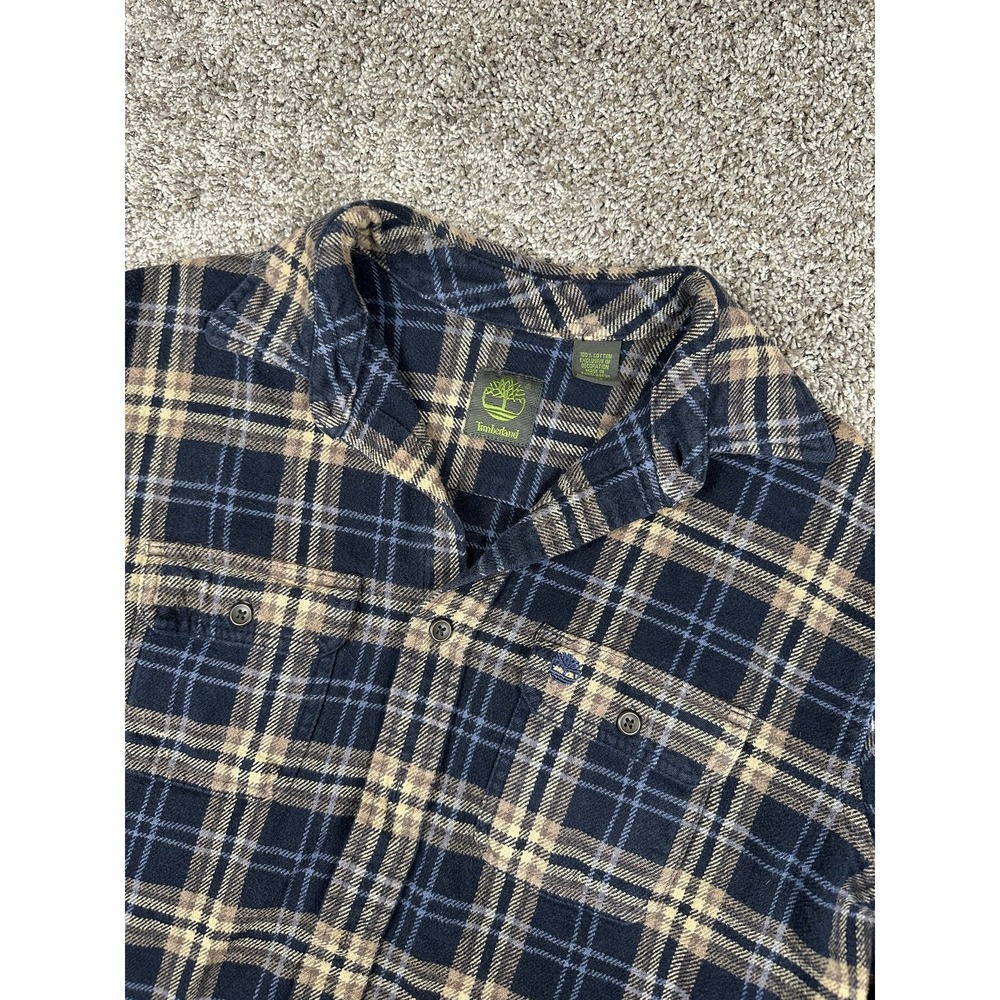 Timberland Shirt Mens Large Blue Tan Plaid Flannel Long Sleeve‎ Button Workwear